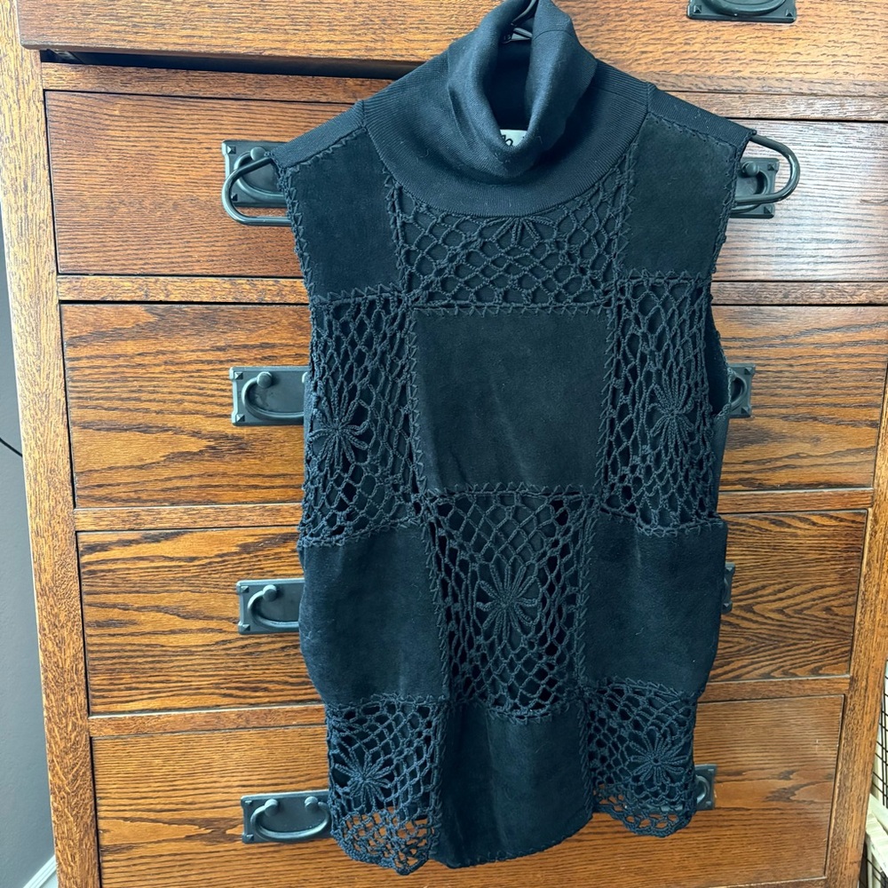 Black Leather and Crochet Turtleneck Sleeveless Top